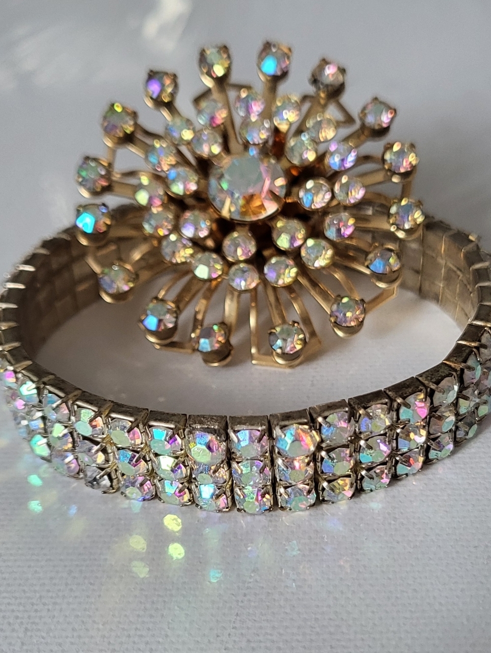 Vintage 50's Aurora Borealis Rhinestones Brooch/Bracelet Set